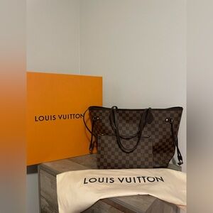 Louis Vuitton Neverfull MM Damier Ebene/Cherry Handbag with Removable Zip Pouch